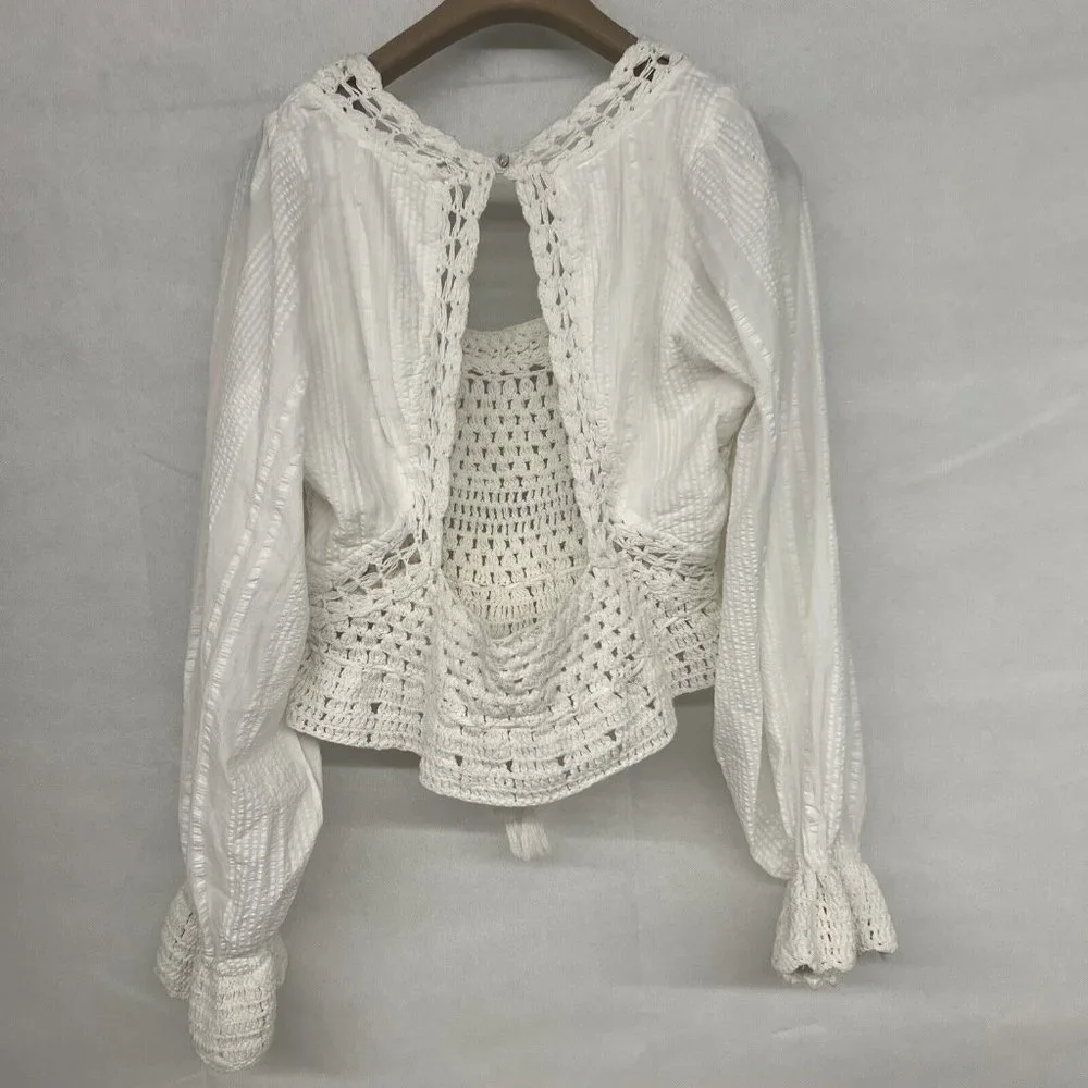 new sz Large L FREE PEOPLE MEGAN CROCHET TOP IVORY WHITE VICTORIAN OPEN BACK
